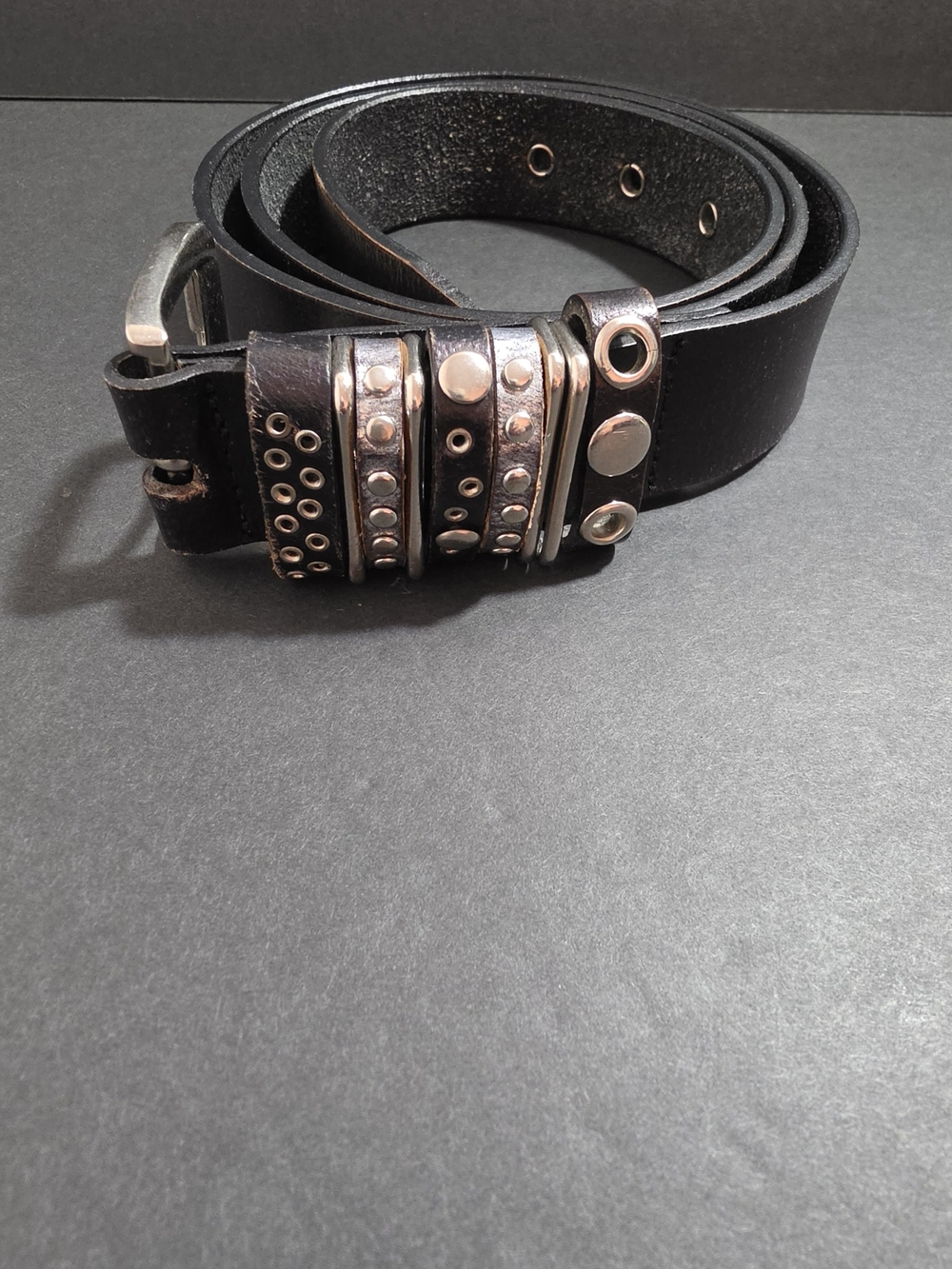 Calvin Klein Jeans Black Leather Stud and Grommet Belt with Silver Accents